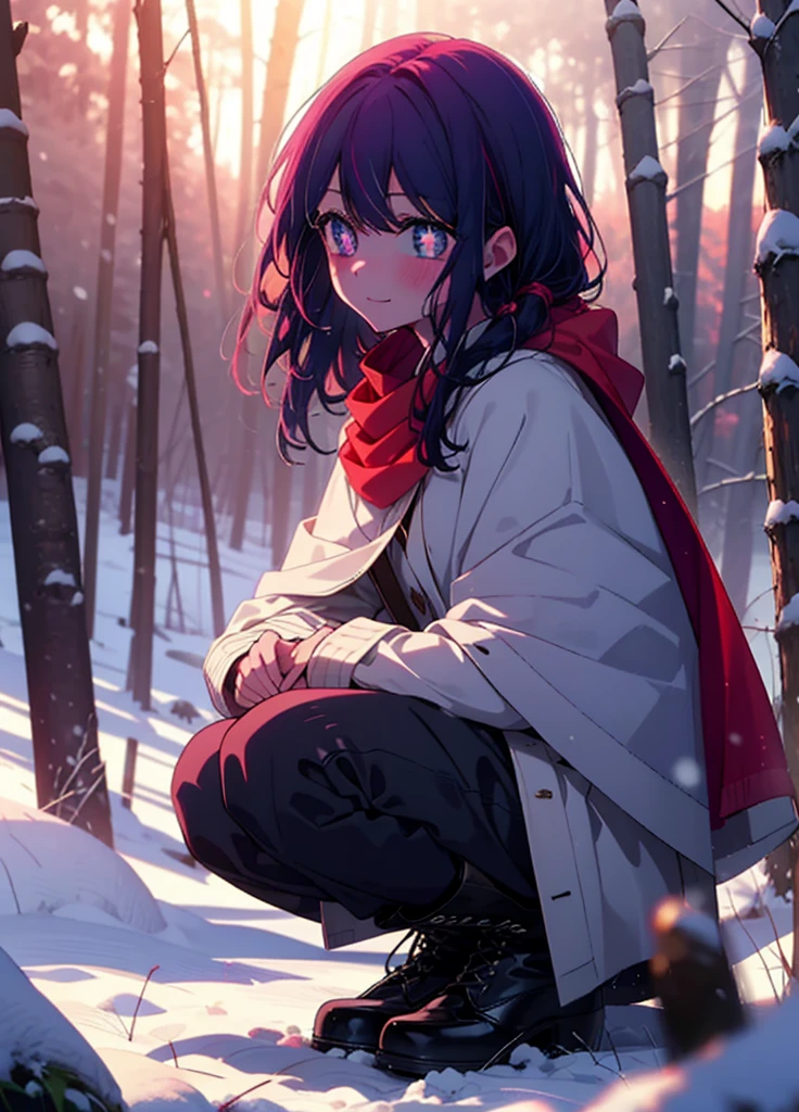 aihoshino, Ai Hoshino, Long Hair, bangs, (Purple eyes:1.1), Purple Hair, (Symbol-shaped pupil:1.5), smile,,smile,blush,white breath,
Open your mouth,snow,Ground bonfire, Outdoor, boots, snowing, From the side, wood, suitcase, Cape, Blurred, , forest, White handbag, nature,  Squat, Mouth closed, Cape, winter, Written boundary depth, Black shoes, red Cape break looking at viewer, Upper Body, whole body, break Outdoor, forest, nature, break (masterpiece:1.2), Highest quality, High resolution, unity 8k wallpaper, (shape:0.8), (Beautiful and beautiful eyes:1.6), Highly detailed face, Perfect lighting, Extremely detailed CG, (Perfect hands, Perfect Anatomy),