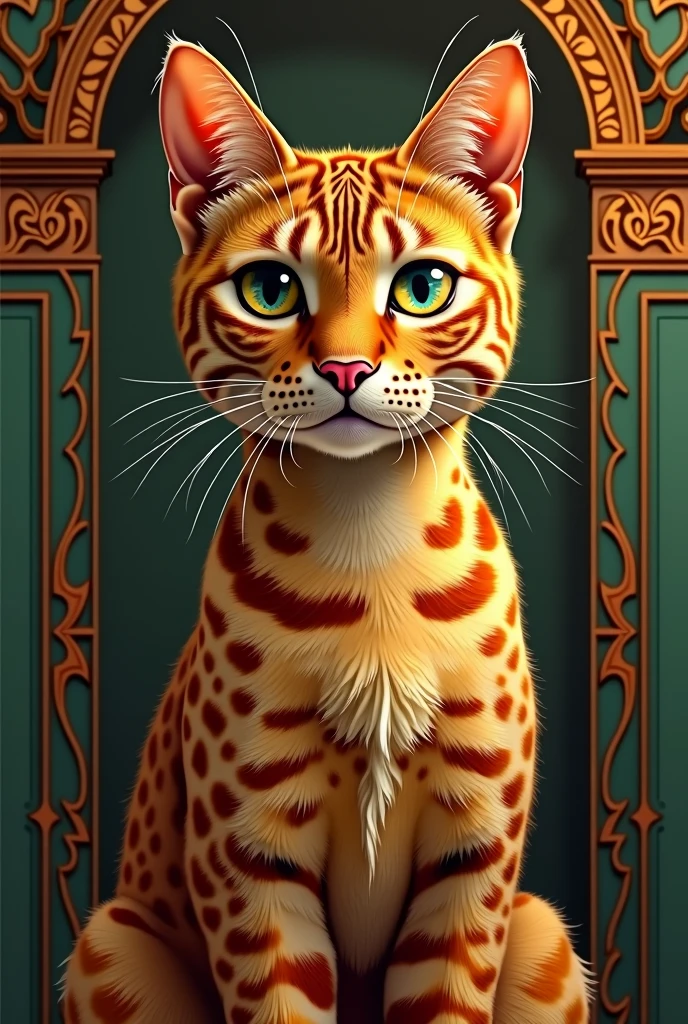 Red spotted cat, muscular, 1920s, handsome, detailed face, looking at camera, drawing, 8K Ultra HD, high quality