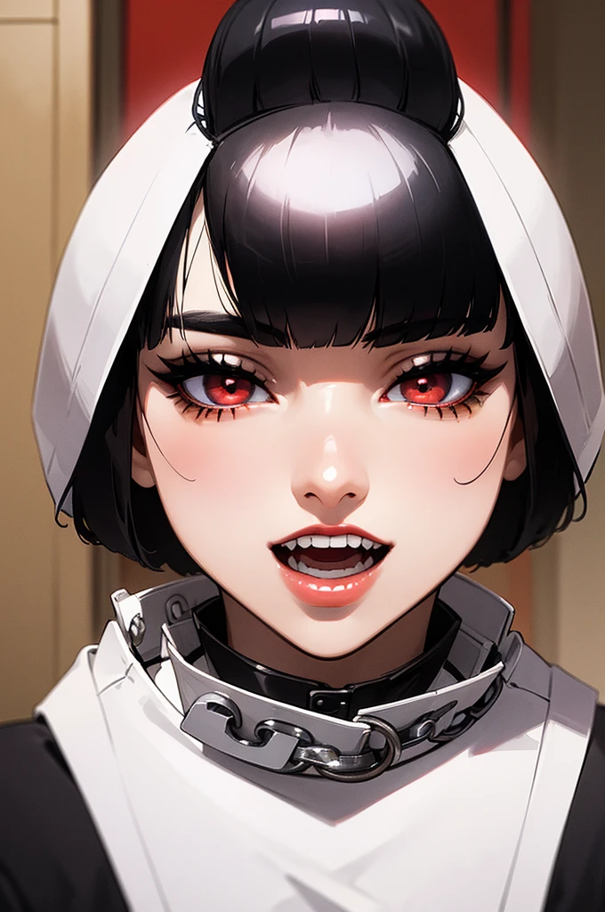 (Realistic)、(Masterpiece、Highest quality、Highest quality、High resolution)、One Japanese woman、(very short hair、bowl cut hair、hime cut hair、blunt bangs、black colored hair)、Pure white skin、Pure black eyeshadow、Lots of eyeshadow、pitch black eyeliner、Long eyeliner、Long eyelashes、Bright Red Eyes、Bright red lipstick、A thick, heavy chain collar、Open your mouth、Highly detailed teeth、Accurate teeth、Beautiful teeth alignment、Very sharp, pointed teeth、(Inside the house、one&#39;s home、living、Wooden house、tv set、sofa、Large windows、Pendant lamp、indirect lighting、Dining table、Dining chair、Low table、Foliage plant、Wall storage)、(Denim fabric trousers、camisole、Showing your crotch to the audience、from below、)