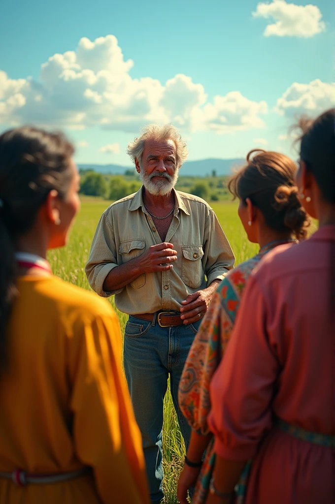 Creat a cinematic image with HD result from,
A 40 years old farmer talking with villagers
There are male and female villagers standing around the 40 years old farmer
