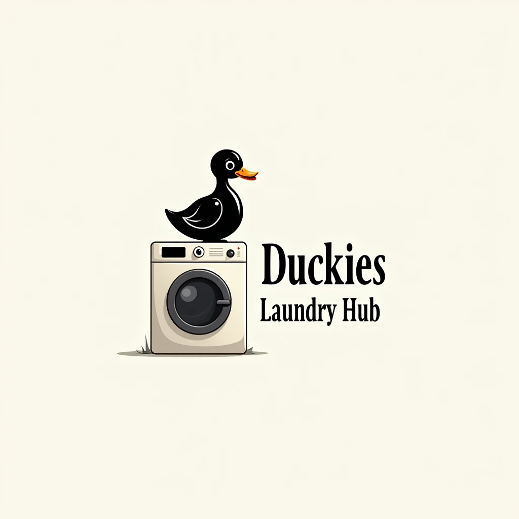 simple logo with black duck sitting above the washing machine, put caption at the right of the picture with "Duckies Laundry Hub"