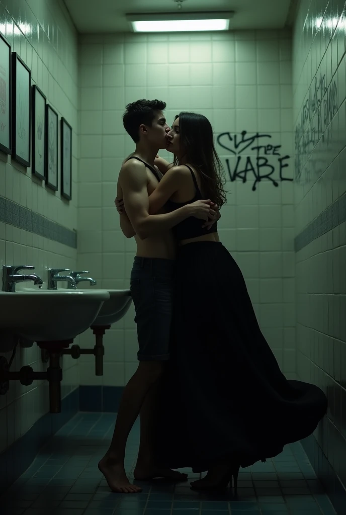  A female student wearing a long black skirt strangles a boy in the bathroom with her hands.