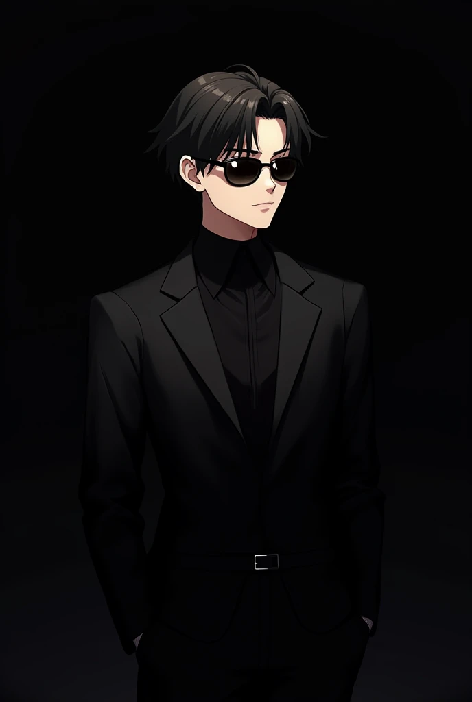 Anime 20 years old boy wearing black suit ang black shades, plane black background