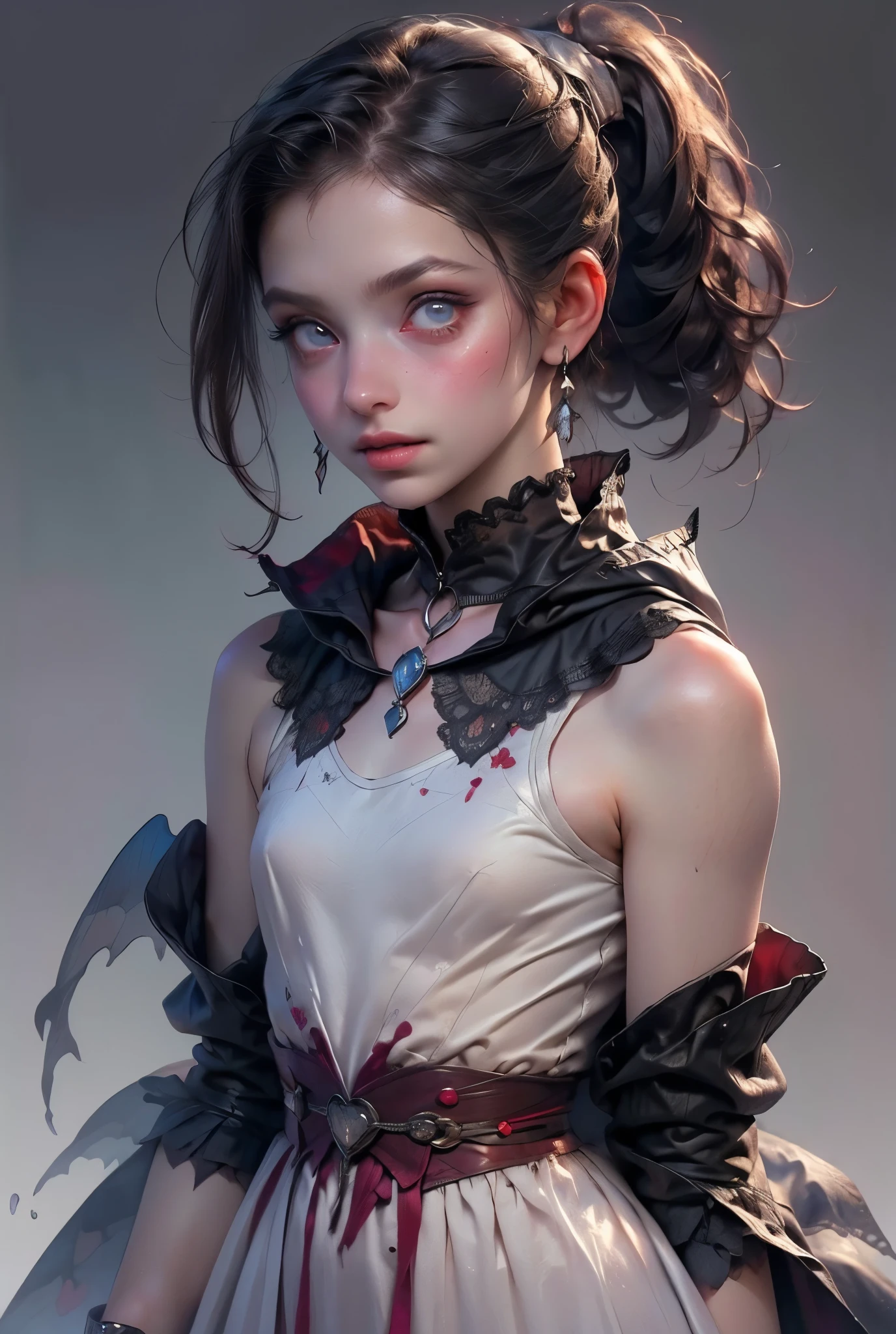 ((best quality)), ((masterpiece)), (detailed), perfect face (((masutepiece, of the highest quality, super detailed))), hand drawn style, hand painted style, watercolour, sketch, a knight, white background, plain background, Bloodborne inspired, tatty Bloodborne attire, occult aesthetic, occult, tatty red and white clothing detailed and intricate steampunk and detailed gothic lolita (with a hood), long coat, Complex laced boots, Fluttering lace flared long knee length dress with frilly petticoats, long dress, knee length dress, pleated petticoats, petticoats gothic lolita aesthetic, beautiful small breasts, (((flat chest:1.1))), (((( Highly detailed face))), small thin nose, Small thin lips mouth, (((Very sharp focused eyes))), Very large slit precision pale grey eyes that shine like jewels. (resolved expression), (resolute expression), ((dark hair)), ((long ponytail, thick ponytail, heavy ponytail)), very long eyelashes, white background, Very dramatic and cinematic lighting, tatty damaged old red and white clothing, full body, whole body, body, cosmic horror, grim dark