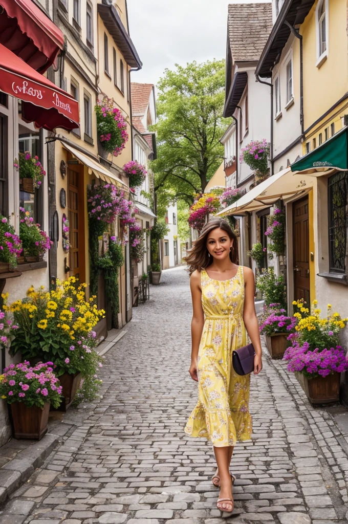 "Create an image of a charming European street during summer, featuring people in stylish summer dresses. The scene should include cobblestone streets, quaint shops, and cafes, with individuals dressed in elegant, trendy dresses showcasing vibrant patterns and colors. The atmosphere should feel warm, lively, and quintessentially European, capturing the essence of summer fashion in an urban setting."