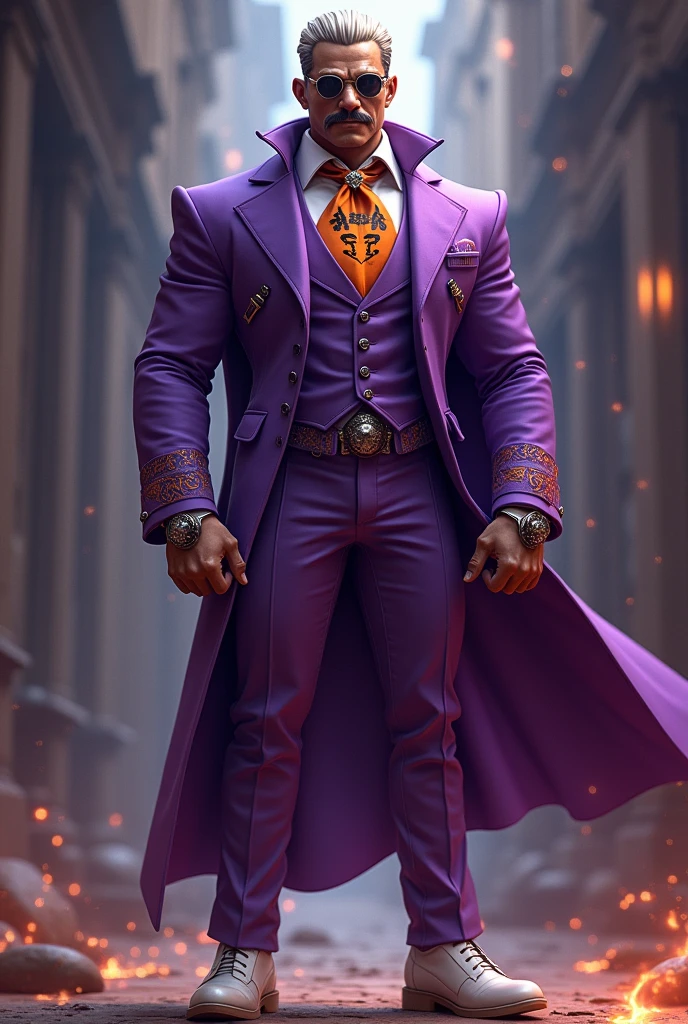 A character with a truth monocle made of purple steel, a four-sided star-shaped steel on his right hand, brown face, black eyes, white, a purple suit with the symbol of truth which is orange with black in a color pattern, light purple pants with flame symbols on his pants, white shoes with light orange, hair dyed with white and dark beige, a mustache, and a dangerous fighting side. 