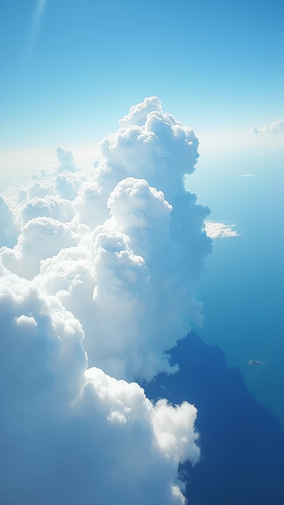 A stunning aerial view from high above the clouds, with the camera positioned far above the earth. The scene captures a vast expanse of soft, layered clouds with towering cumulonimbus formations. Through the gaps in the clouds, a serene, endless ocean stretches out below. The perspective is purely from the sky, with no land, buildings, or human-made structures in sight—only the natural beauty of the clouds and the ocean. The color palette is dominated by calm blues and whites, creating a tranquil, otherworldly atmosphere. No direct sunlight or light effects, just the majestic clouds and the vast sea below.