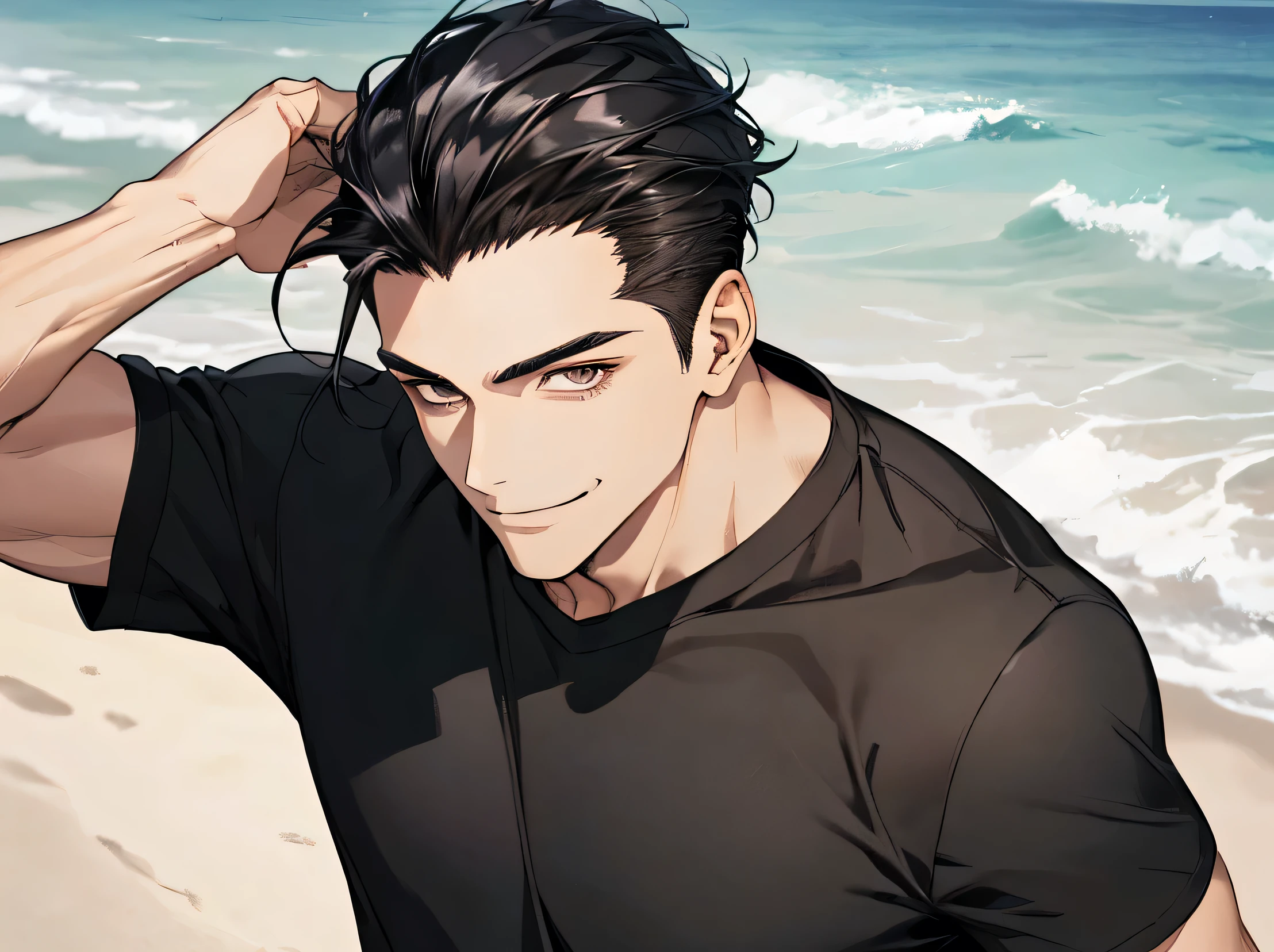 Working Adults.,male,good looking,Cool vibe,I,Black-haired,Raking up,hair slicked back,,Viewer Perspective,Upper Body,Face close-up,Excited,Slim and muscular,smile,Stylish clothes,A tight black T-shirt,Background sea,Beach,(stall)