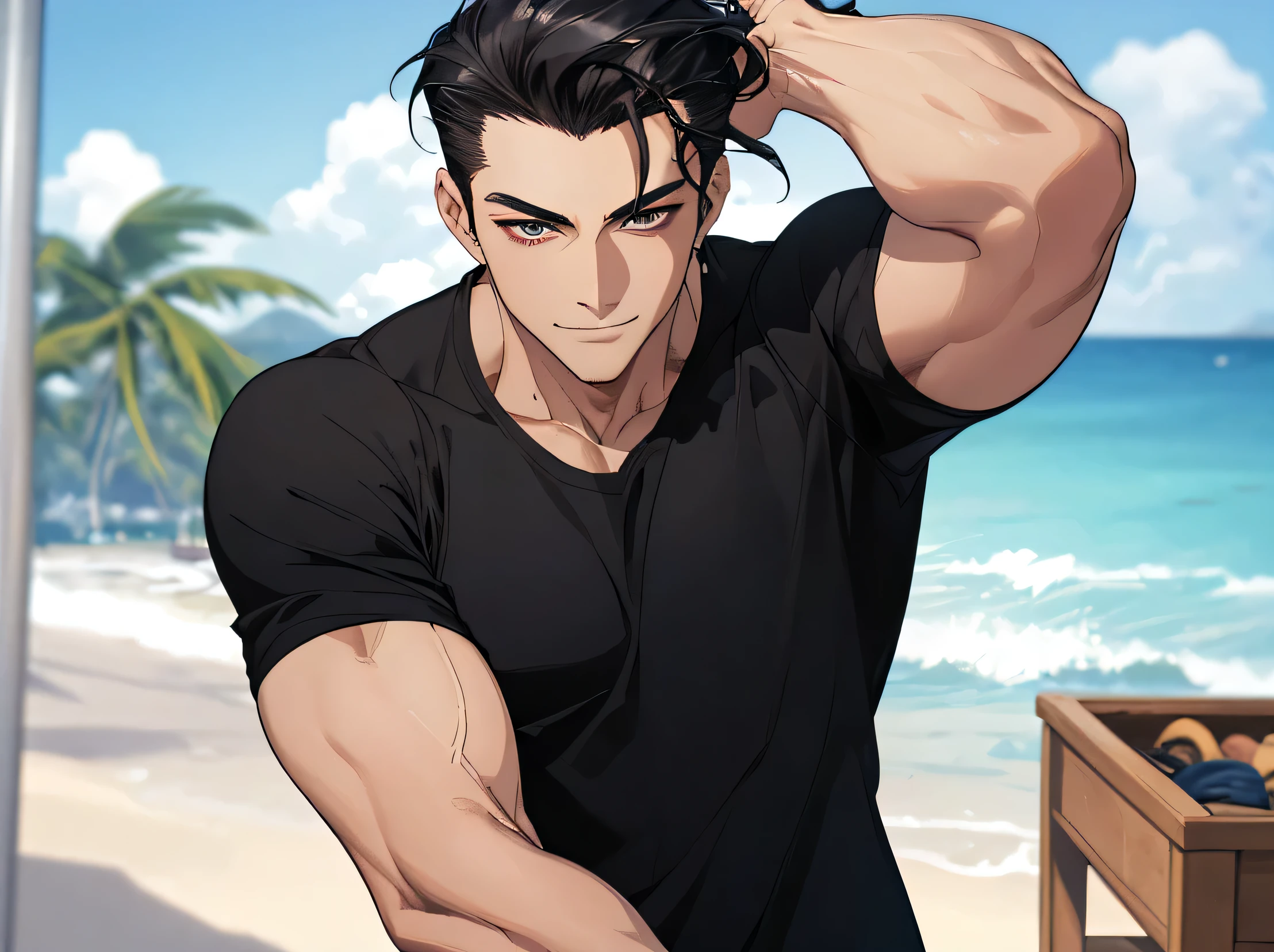 Working Adults.,male,good looking,Cool vibe,I,Black-haired,Raking up,hair slicked back,,Viewer Perspective,Upper Body,Face close-up,Excited,Slim and muscular,smile,Stylish clothes,A tight black T-shirt,Background sea,Beach,(stall)