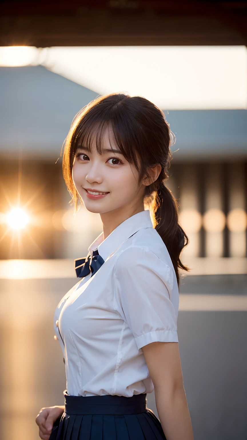 (highest quality,masterpiece:1.3,ultra high resolution),(Super detailed,caustics,8k),(photorealistic:1.4,RAW shooting),1 girl,(smile and look down at the camera),(front shot:1.1),(face forward),18-year-old,cute,Japanese,black short ponytail,school uniform,glamorous,(big boobs),( close up),(breast focus),street,sunshine,Natural light,(Backlight),(A bright light shines from behind),(Lens flare),professional writing,(cowboy shot),(low position:1.3),(Low - Angle:1.3)