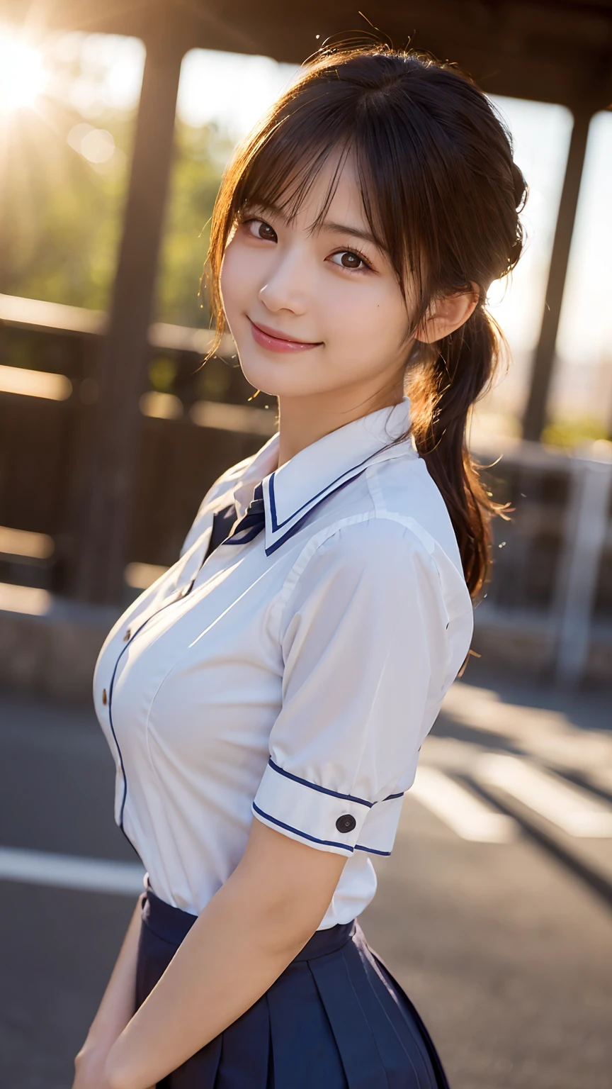 (highest quality,masterpiece:1.3,ultra high resolution),(Super detailed,caustics,8k),(photorealistic:1.4,RAW shooting),1 girl,(smile and look down at the camera),(front shot:1.1),(face forward),18-year-old,cute,Japanese,black short ponytail,school uniform,glamorous,(big boobs),( close up),(breast focus),street,sunshine,Natural light,(Backlight),(A bright light shines from behind),(Lens flare),professional writing,(cowboy shot),(low position:1.3),(Low - Angle:1.3)