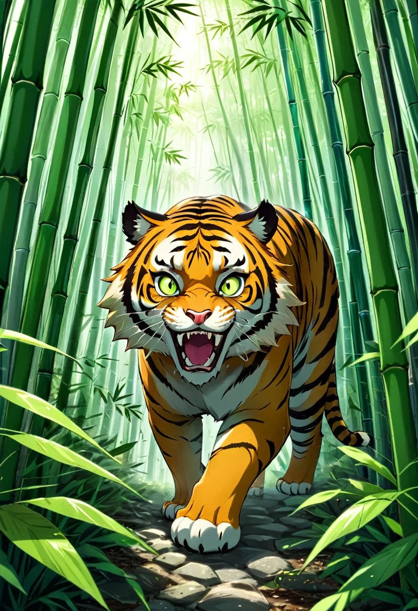 A dense bamboo forest, a tiger lurks in the middle of it, eyes glowing, fangs sharp, loud roar,