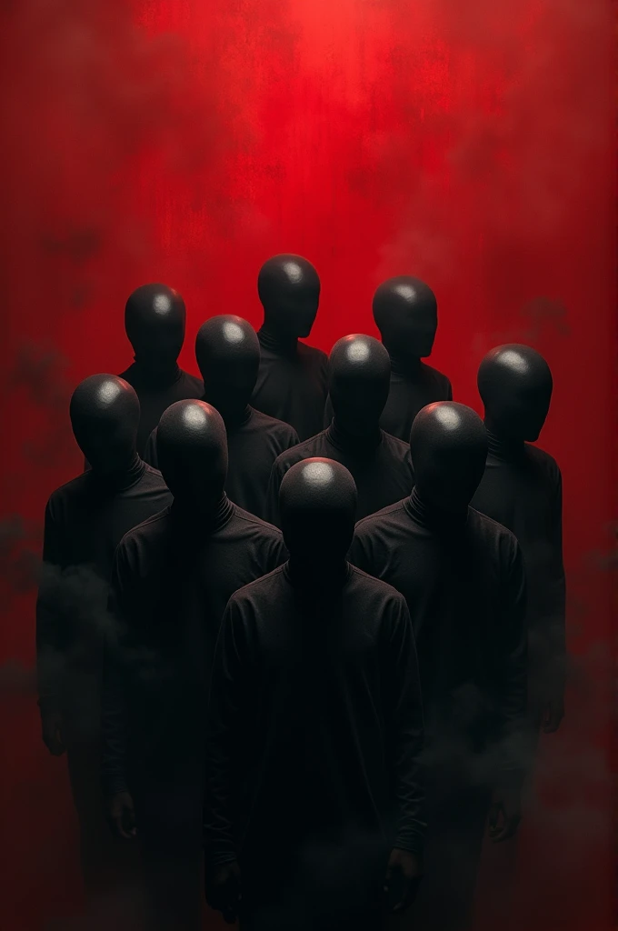 Dark black bloody crimson red background and ten faceless black heads