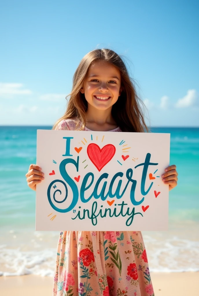 Beautiful girl with wavy long hair, bohemian dress, holding a white board with text "I Love Seaart Infinity" and showing it to the viewer
