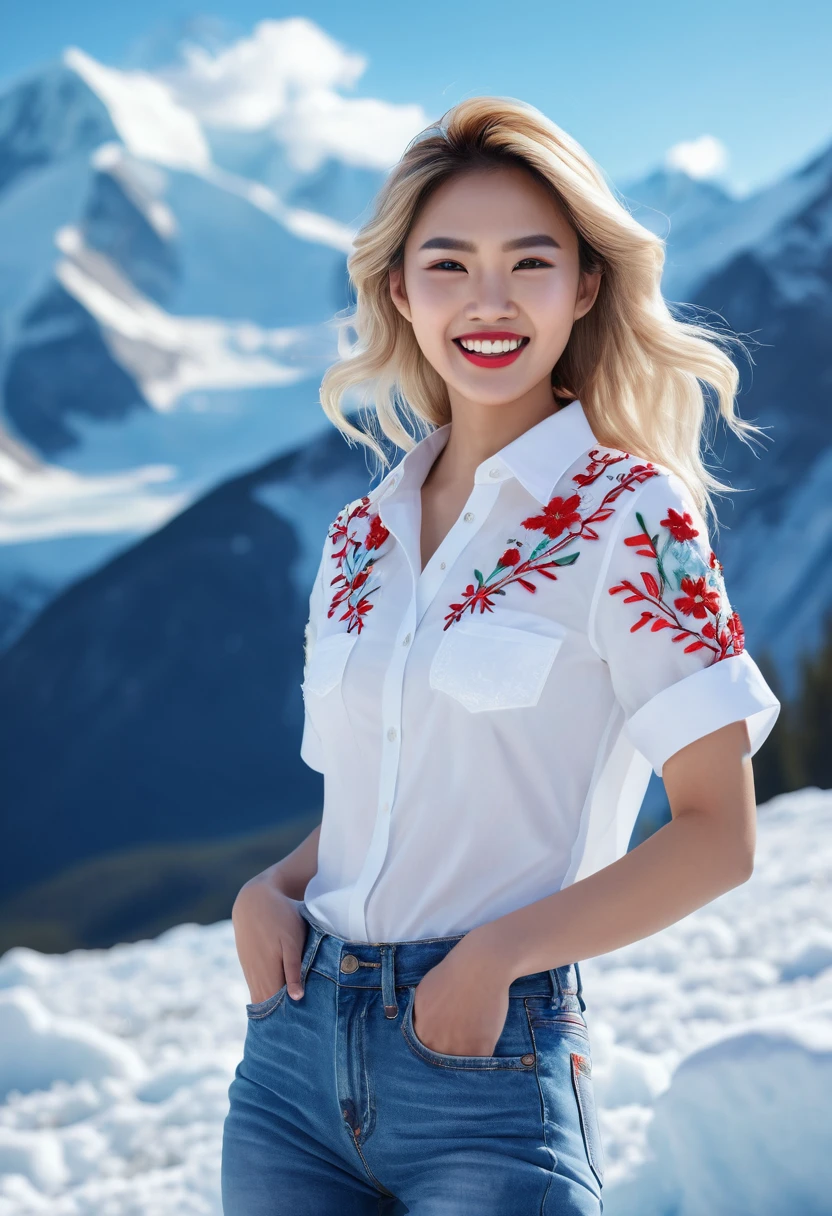 An extremely beautiful Asian model, blonde hair, brown eyes, snow-white skin, bright smile, using high-end cosmetics, wearing a white shirt with embroidered flowers, wearing short jeans ((red)). Professional model pose. The background is a glacier, blue sky, white clouds, white forest under a layer of snow. Cinematic lighting, high detail, 8K, artstation, conceptual art, dark fantasy. Photo taken with Canon EOS R5 85mm f/11 camera, ((sharp)) mode of people and surroundings. Image quality ((8K)), ((realistic)), ((masterpiece)), ((sharpest and highest contrast)), ((excellent depth of field)), ((stereoscopic lighting)), ((angry, ferocious )), detailed pores, ((Direct light on the face)), bright sunlight.