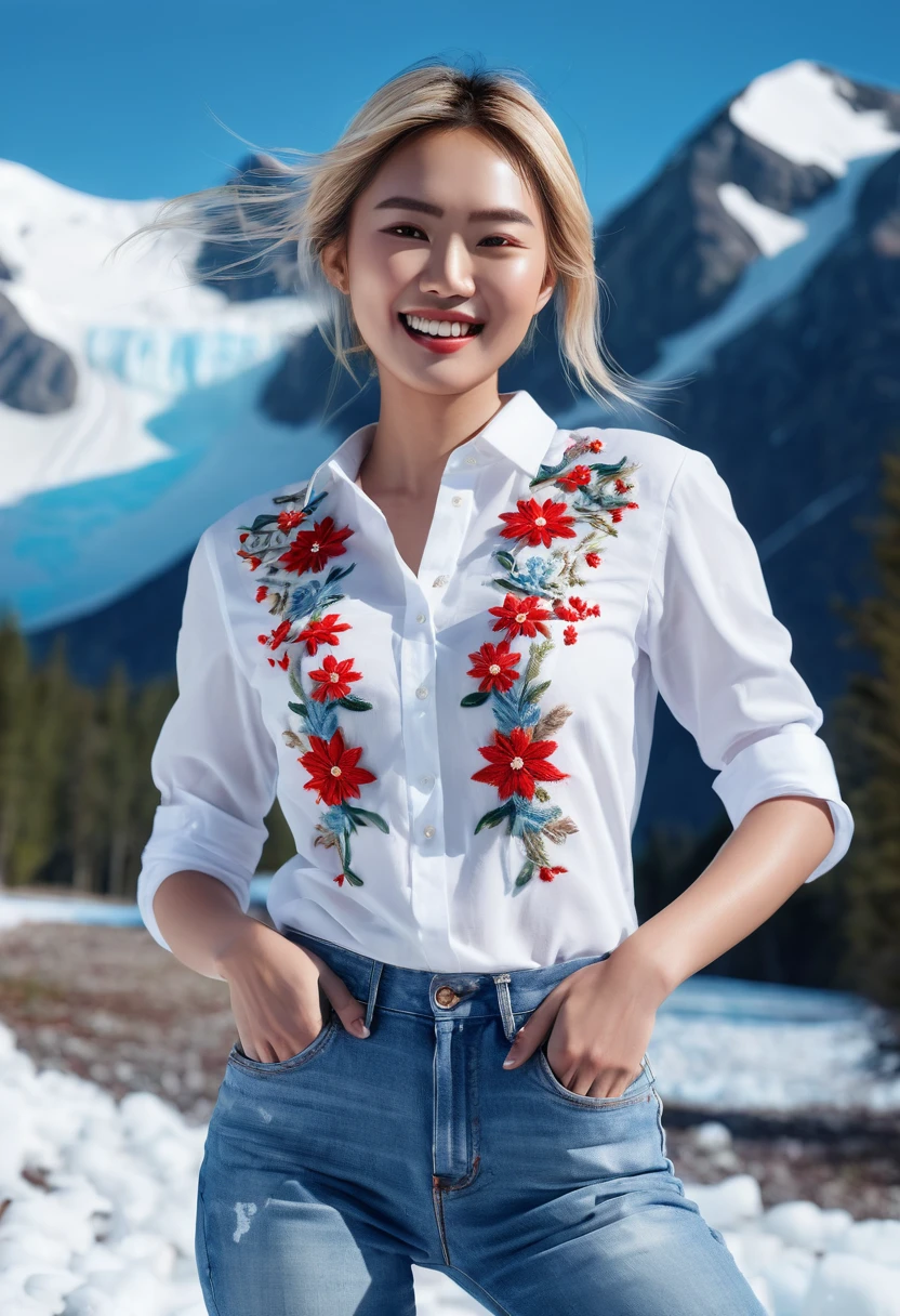 An extremely beautiful Asian model, blonde hair, brown eyes, snow-white skin, bright smile, using high-end cosmetics, wearing a white shirt with embroidered flowers, wearing short jeans ((red)). Professional model pose. The background is a glacier, blue sky, white clouds, white forest under a layer of snow. Cinematic lighting, high detail, 8K, artstation, conceptual art, dark fantasy. Photo taken with Canon EOS R5 85mm f/11 camera, ((sharp)) mode of people and surroundings. Image quality ((8K)), ((realistic)), ((masterpiece)), ((sharpest and highest contrast)), ((excellent depth of field)), ((stereoscopic lighting)), ((angry, ferocious )), detailed pores, ((Direct light on the face)), bright sunlight.