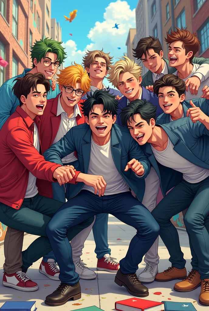 An icon suitable for a group of chaotic people, 9 students, all male