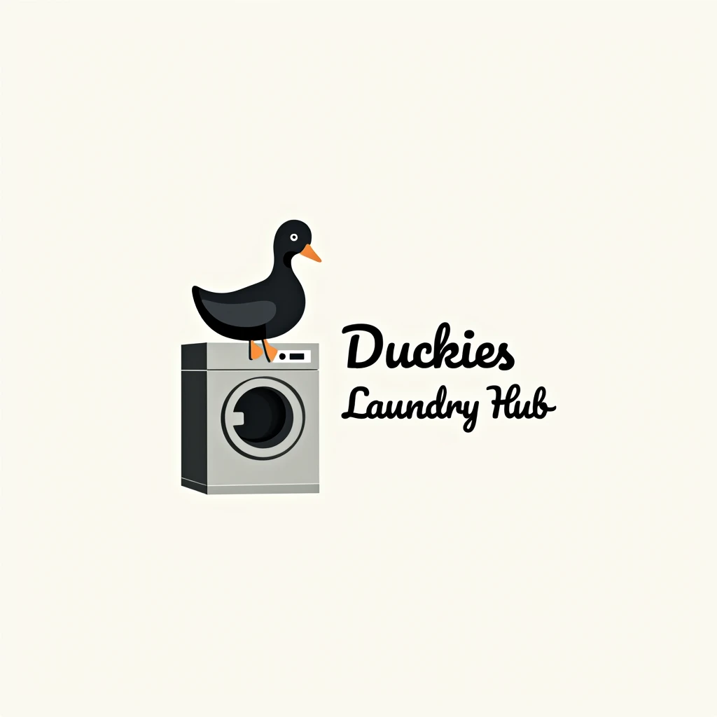 simple logo with black duck sitting above the washing machine, put caption at the right of the picture with "Duckies Laundry Hub"