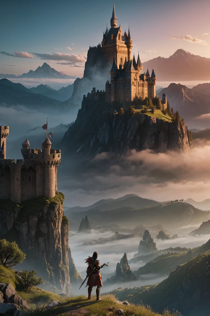 "A lone protagonist, resembling a fantasy warrior, stands at a distance, gazing at a majestic castle surrounded by mountains. The castle is grand and imposing, with tall spires and banners waving in the wind. The surrounding mountains are rugged and covered in mist, creating a mysterious and epic atmosphere. The scene should evoke a sense of adventure and wonder, similar to classic fantasy video games.",8K