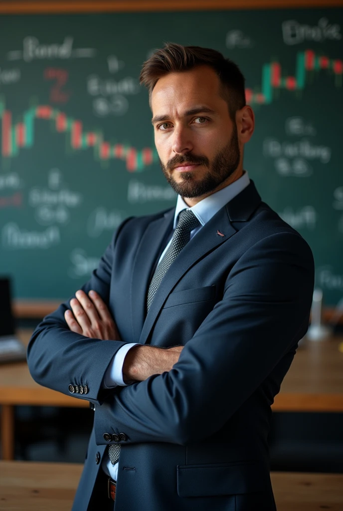 Create a professional profile picture for a forex trader. The background should be a chalkboard filled with economic formulas and trading charts. In the foreground, depict a person wearing a suit, standing confidently and facing the camera. The person should have a professional demeanor, reflecting expertise and knowledge in the field of forex trading