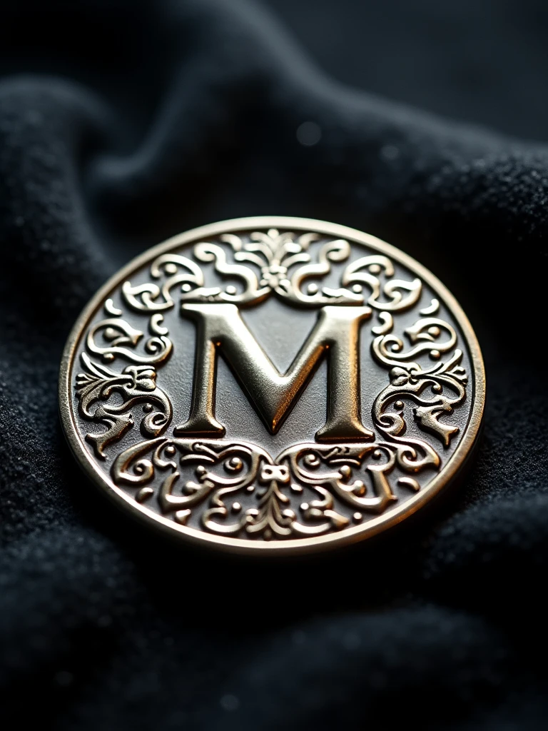 A metallic coin with the letter Mnever on it