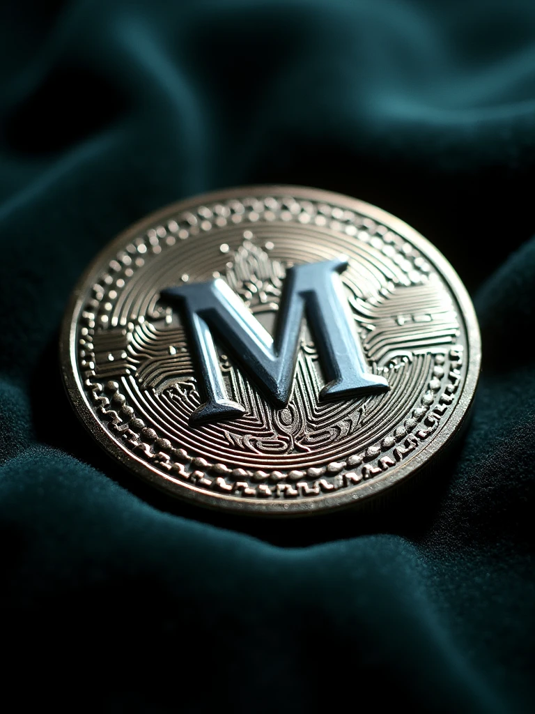 A metallic coin with the letter Mnever on it