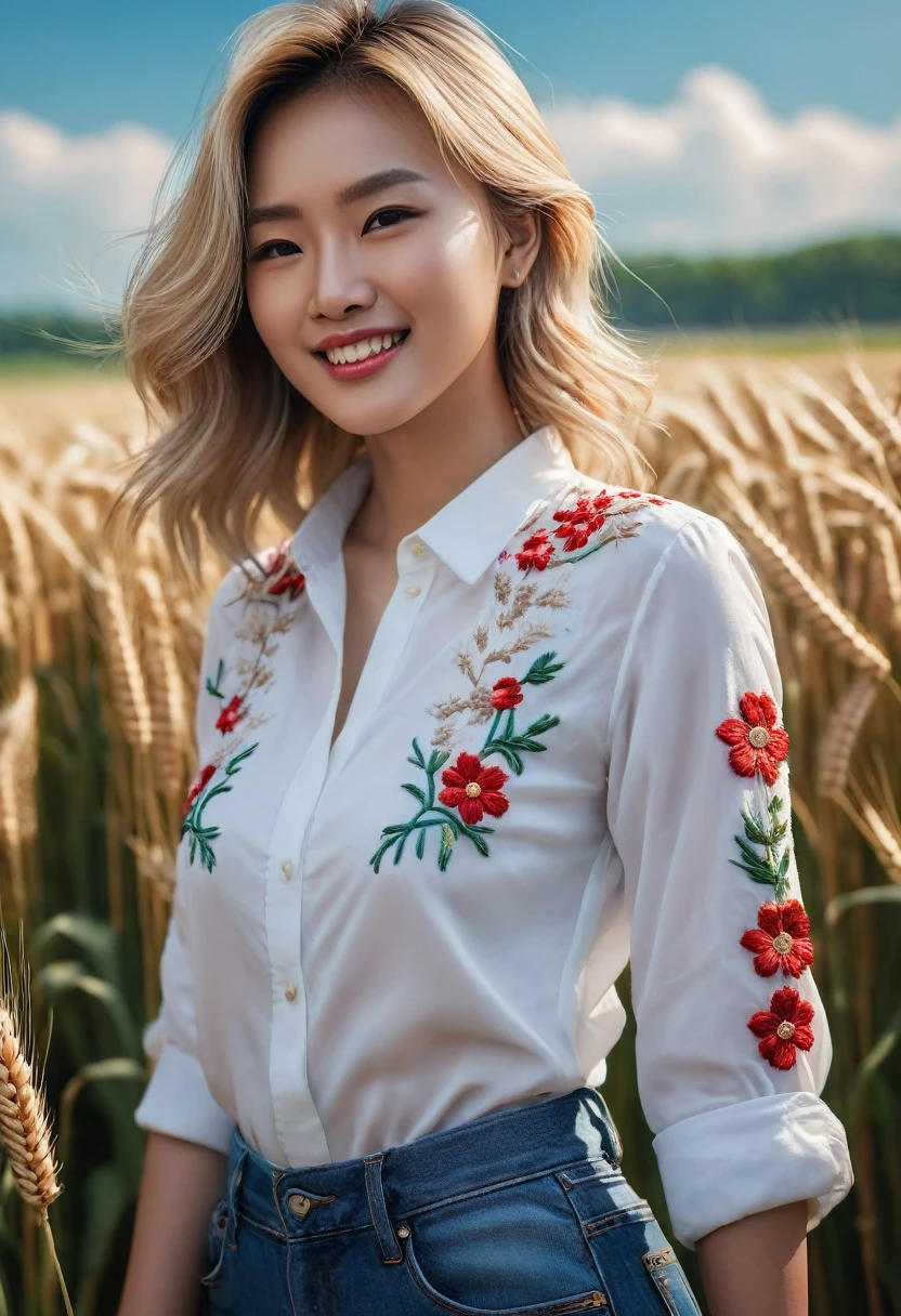 An extremely beautiful Asian model, blonde hair, brown eyes, snow-white skin, bright smile, using high-end cosmetics, wearing a white shirt with embroidered flowers, wearing red short jeans. Professional modeling pose. The background is a wheat farm, blooming flowers, a lake, blue sky, white clouds. Cinematic lighting, high detail, 8K, artstation, conceptual art, dark fantasy. Photo taken with Canon EOS R5 85mm f/11 camera, ((sharp)) mode of people and surroundings. Image quality ((8K)), ((realistic)), ((masterpiece)), ((sharpest and highest contrast)), ((excellent depth of field)), ((stereoscopic lighting)), ((angry, ferocious )), detailed pores, ((Direct light on the face)), bright sunlight.