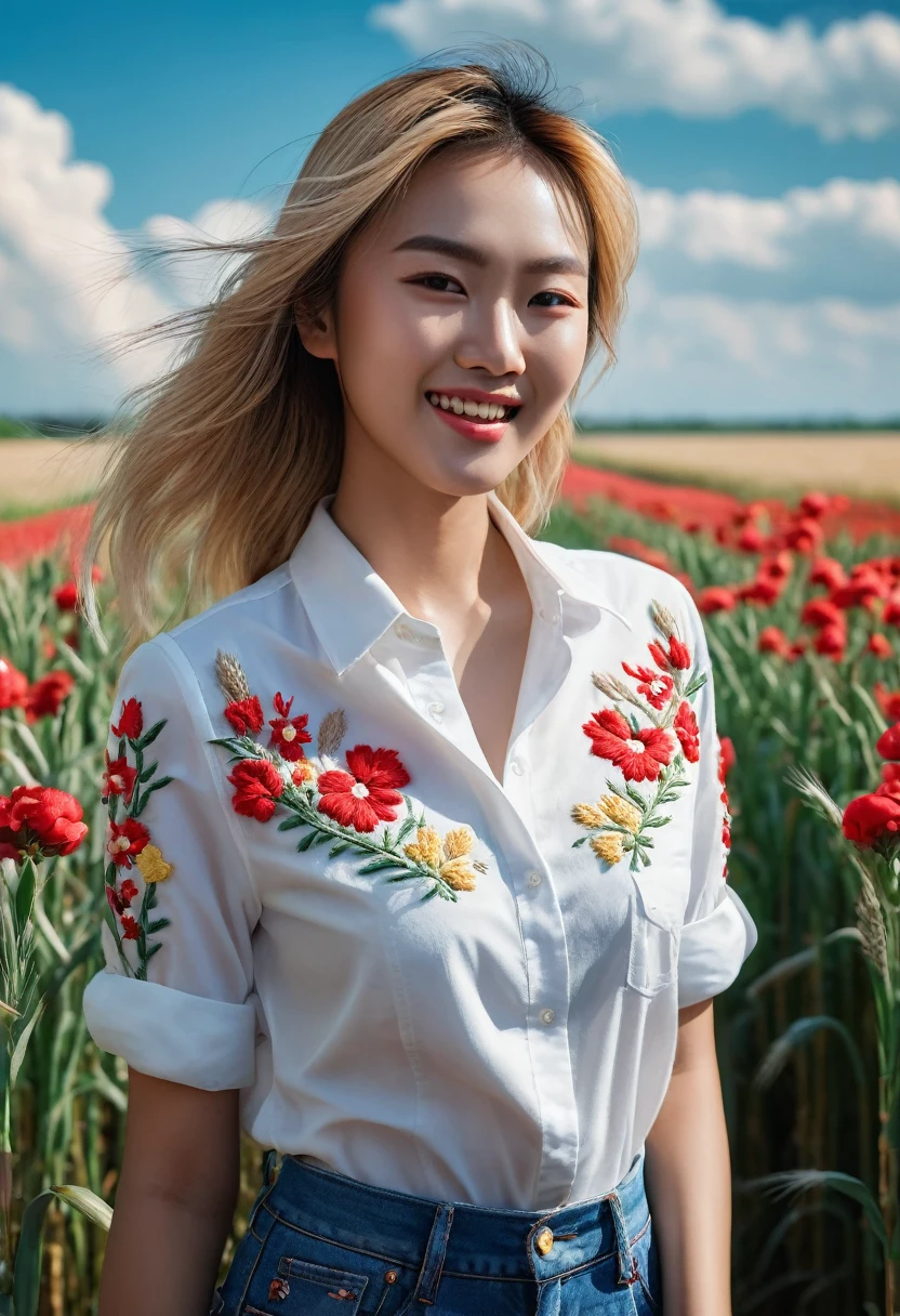 An extremely beautiful Asian model, blonde hair, brown eyes, snow-white skin, bright smile, using high-end cosmetics, wearing a white shirt with embroidered flowers, wearing red short jeans. Professional modeling pose. The background is a wheat farm, blooming flowers, a lake, blue sky, white clouds. Cinematic lighting, high detail, 8K, artstation, conceptual art, dark fantasy. Photo taken with Canon EOS R5 85mm f/11 camera, ((sharp)) mode of people and surroundings. Image quality ((8K)), ((realistic)), ((masterpiece)), ((sharpest and highest contrast)), ((excellent depth of field)), ((stereoscopic lighting)), ((angry, ferocious )), detailed pores, ((Direct light on the face)), bright sunlight.