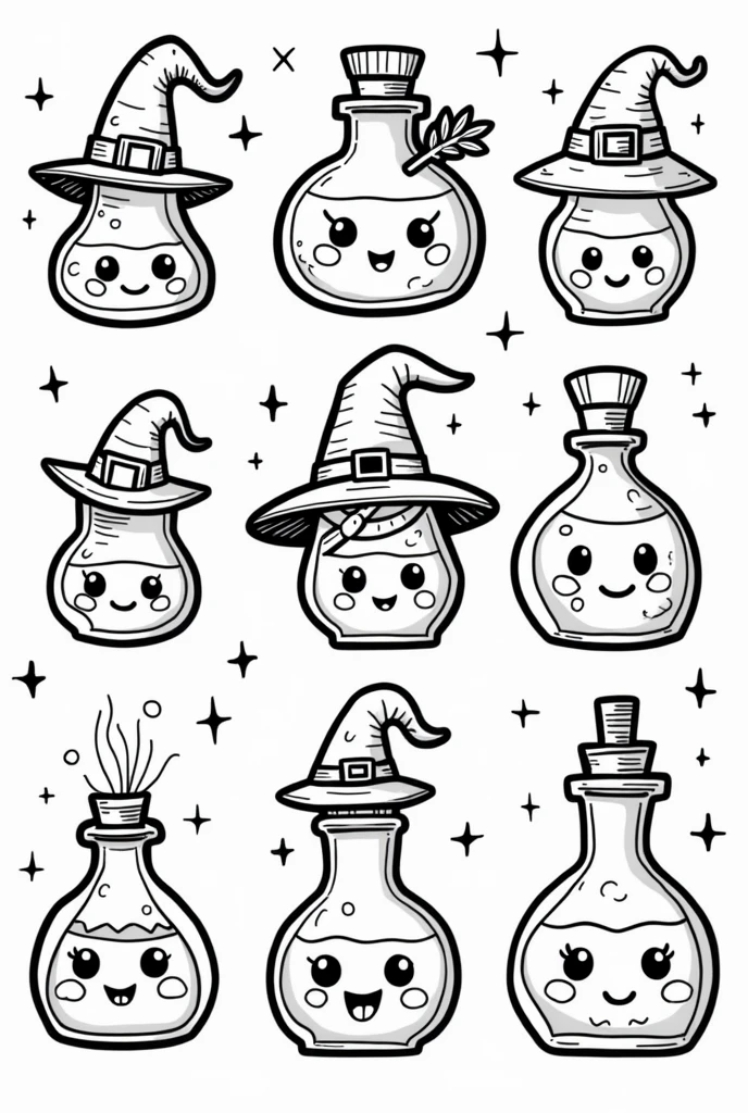 Cute and kawaii halloween witch's potions coloring Page, simple for toddlers, bold and easy, black bold lines White background, for a coloring book black and white, líne art, only outlines, but the design is simple and bold, no greyscale
