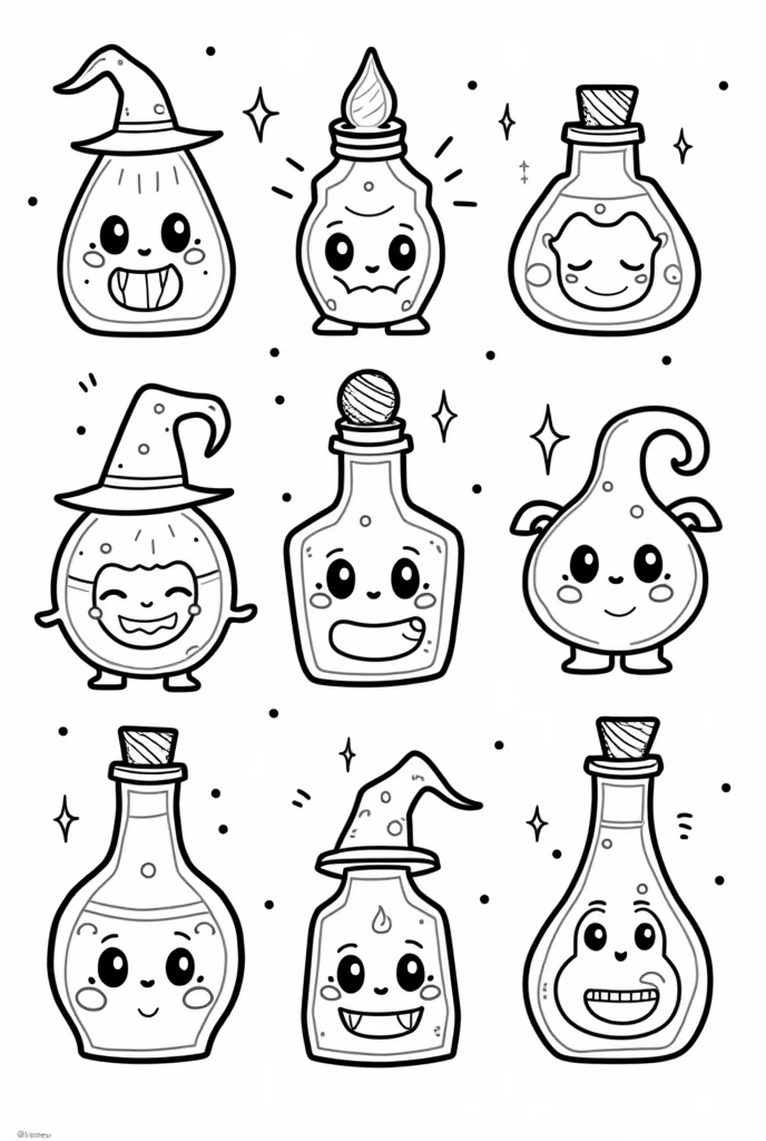 Cute and kawaii halloween witch's potions coloring Page, simple for ddlers, bold and easy, black bold lines White background, for a coloring book black and white, líne art, only outlines, but the design is simple and bold, no greyscale