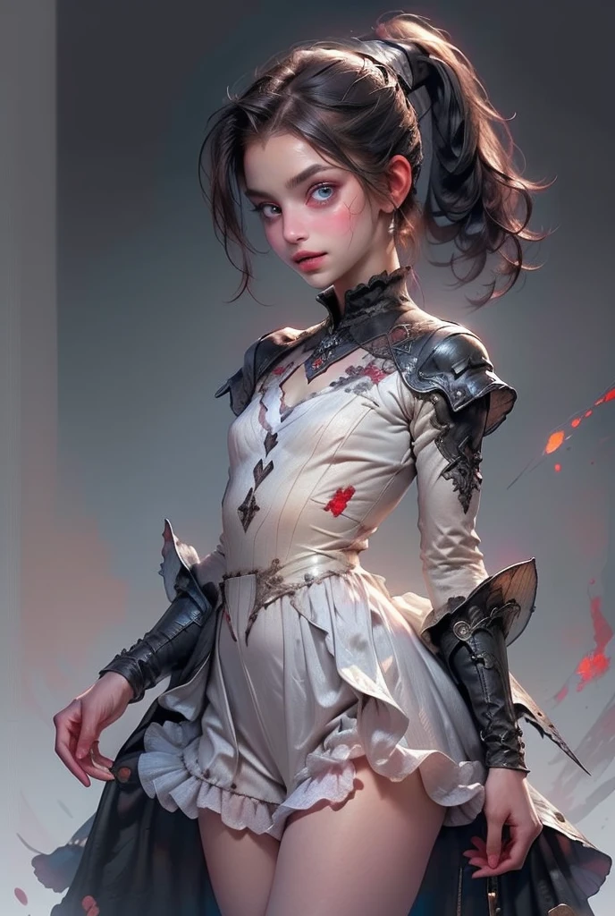 ((best quality)), ((masterpiece)), (detailed), perfect face (((masutepiece, of the highest quality, super detailed))), hand drawn style, hand painted style, watercolour, sketch, a knight, white background, plain background, Bloodborne inspired, tatty Bloodborne attire, occult aesthetic, occult, tatty red and white clothing detailed and intricate steampunk and detailed gothic lolita (with a hood), long coat, Complex laced boots, Fluttering lace flared long knee length dress with frilly petticoats, long dress, knee length dress, pleated petticoats, petticoats gothic lolita aesthetic, beautiful small breasts, (((flat chest:1.1))), (((( Highly detailed face))), small thin nose, Small thin lips mouth, (((Very sharp focused eyes))), Very large slit precision pale grey eyes that shine like jewels. (resolved expression), (resolute expression), ((dark hair)), ((long ponytail, thick ponytail, heavy ponytail)), very long eyelashes, white background, Very dramatic and cinematic lighting, tatty damaged old red and white clothing, full body, whole body, body, cosmic horror, grim dark