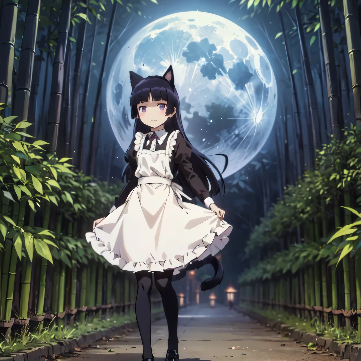 Standing in the bamboo forest, Moonlight shines in, Silence and mysticism, (ruri gokou), alone, Hime cut, Long Hair, Maid clothes, Cat ear, stockings, Black Tail, apronスカート, Long skirt, stockings, apron, Frills, ribbon, collar, cuffs, full body