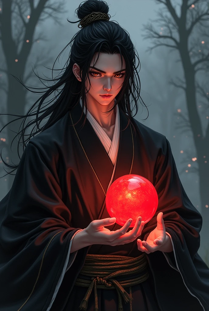 masterpiece, best quality, 4k, UHD, bishoujo, painting, striking gaze and intricately detailed face, illustration, stunningly detailed, high resolution illustration, single radiant red energy ball, 1 man with an immortal-like appearance, long flowing black hair, styled in a anime protagonist fashion, luminous dark eyes that seem to hold ancient wisdom, traditional black kimono with golden stripes, expressionless yet commanding, ethereal aura surrounding him, dark, atmospheric background reminiscent of Dark Souls, shadowy landscapes with creeping mist, softly glowing red energy ball cradled in one hand, poised with an air of timeless confidence, mystical energy, (Impressionism:1.4)