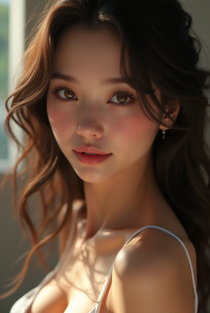 (High resolution、uhd、realism、Super complex detailed photorealistic photos)、extremely absurd ultra-high-quality details、((((Upper Body Shot:1.45))、(((Completely detailed real eyes、skin、hair)))、1girl、beautiful detailed facial features、Beautiful detailed eyes、Beautiful detailed lips、Highly detailed face、Long eyelashes、Wearing white underwear、Elegant pose、Dramatic lighting、Vibrant color palette、The atmosphere of the movie、Age 25、smile、