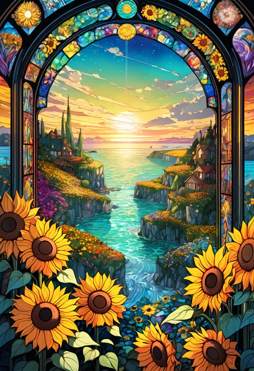 sea of flowers, aesthetic, Stained glass sunflowers, Dan Mumford, Cyril Rolando, MW Kaluta, Louis Comfort Tiffany, Dale Chihuly, hyper-detailed, hyperrealistic, digital landscape art, 8k resolution, beautiful colors, tarot card, awe, sunflowers made of stained glass, detailed, Hyperdetailed storybook illustration, concept art