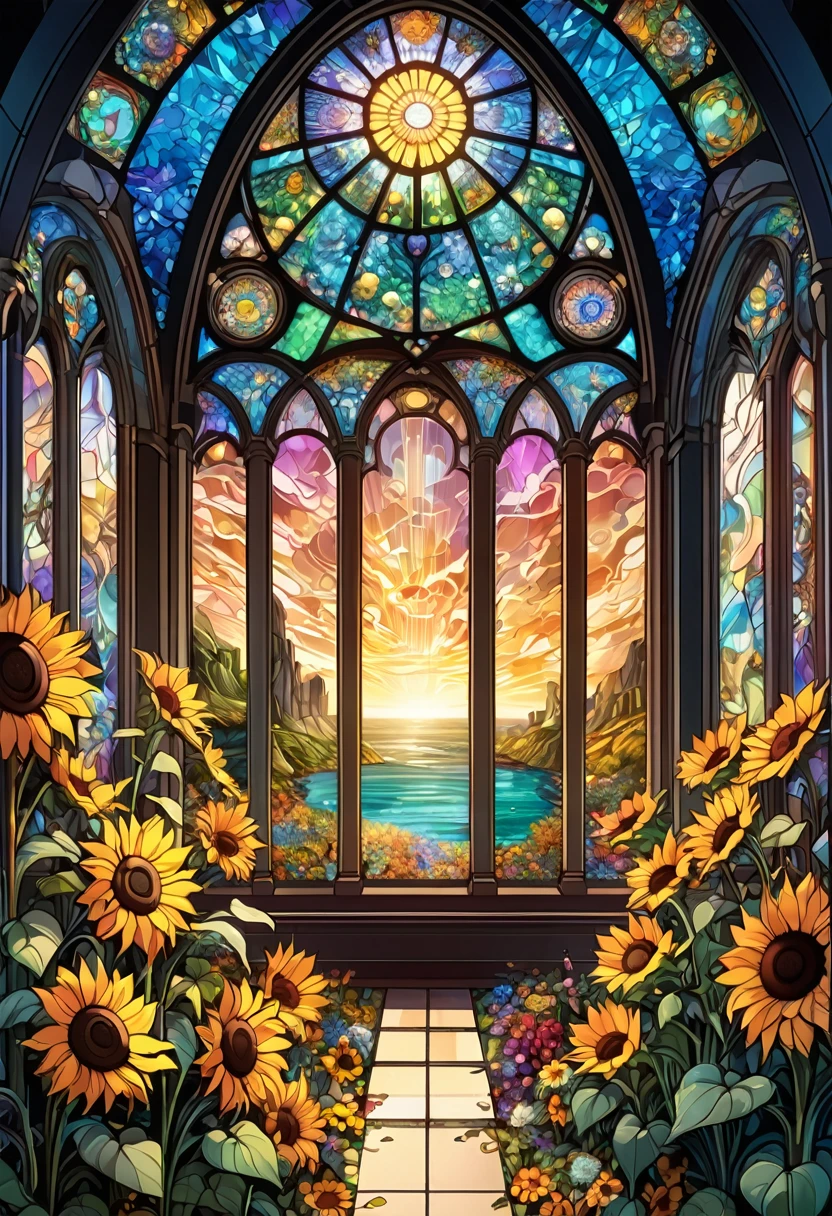 sea of flowers, aesthetic, Stained glass sunflowers, Dan Mumford, Cyril Rolando, MW Kaluta, Louis Comfort Tiffany, Dale Chihuly, hyper-detailed, hyperrealistic, digital landscape art, 8k resolution, beautiful colors, tarot card, awe, sunflowers made of stained glass, detailed, Hyperdetailed storybook illustration, concept art