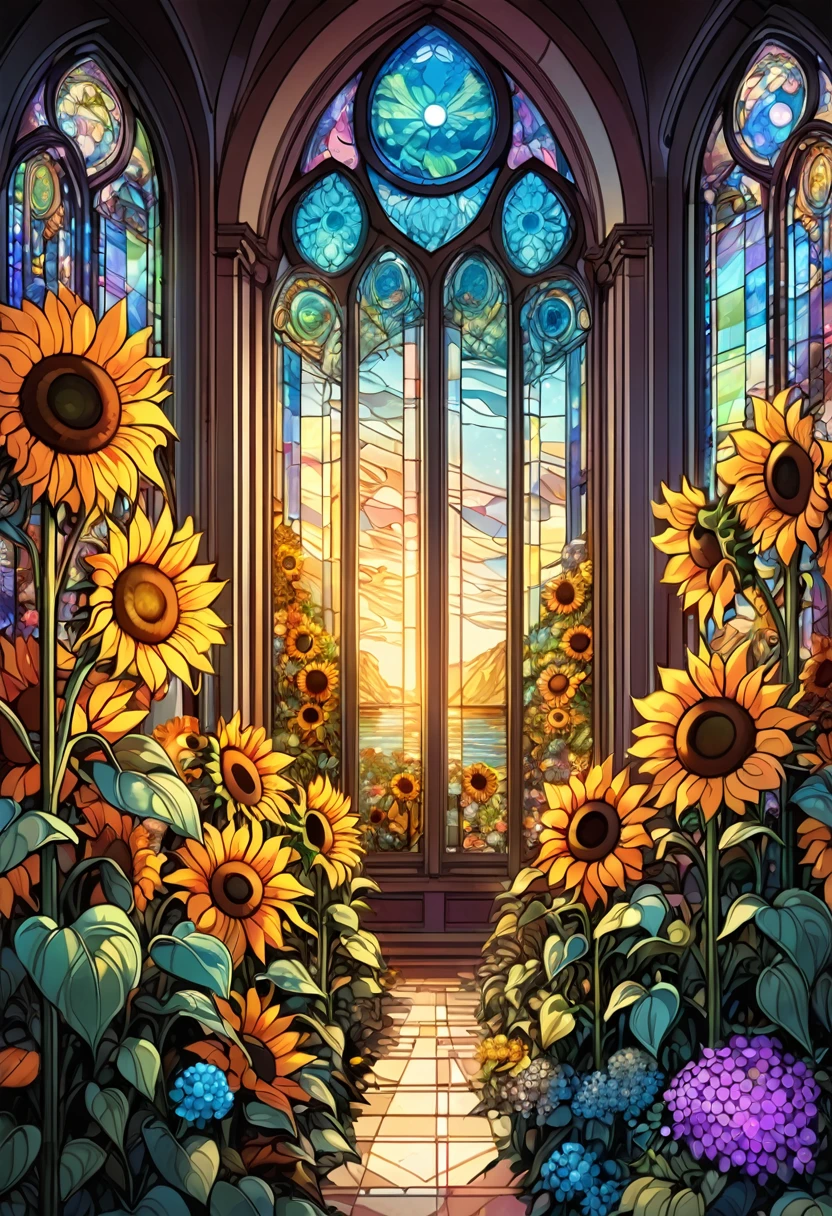 sea of flowers, aesthetic, Stained glass sunflowers, Dan Mumford, Cyril Rolando, MW Kaluta, Louis Comfort Tiffany, Dale Chihuly, hyper-detailed, hyperrealistic, digital landscape art, 8k resolution, beautiful colors, tarot card, awe, sunflowers made of stained glass, detailed, Hyperdetailed storybook illustration, concept art