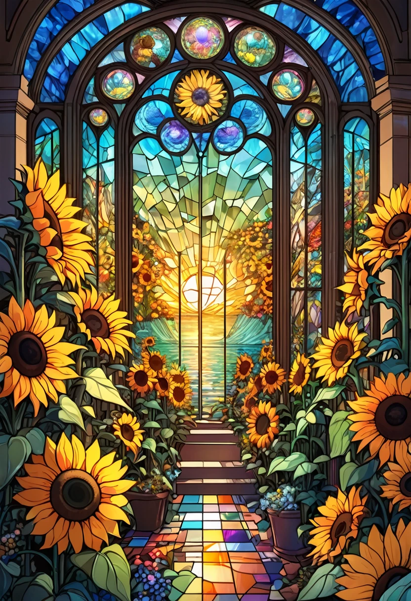 sea of flowers, aesthetic, Stained glass sunflowers, Dan Mumford, Cyril Rolando, MW Kaluta, Louis Comfort Tiffany, Dale Chihuly, hyper-detailed, hyperrealistic, digital landscape art, 8k resolution, beautiful colors, tarot card, awe, sunflowers made of stained glass, detailed, Hyperdetailed storybook illustration, concept art