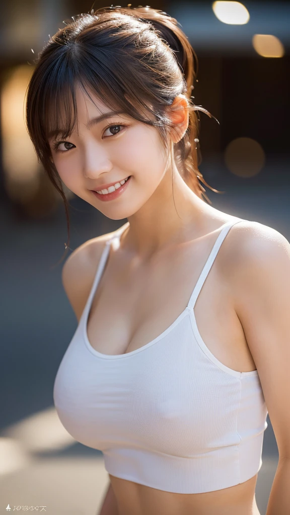 (Highest quality,masterpiece:1.3,Ultra-high resolution),(Very detailed,Caustics,8k),(Realistic:1.4,RAW shooting),1 person,(Smiling and looking down at the camera),(Front shot:1.1),(Look forward),18-year-old,cute,Japanese,Black short ponytail,glamorous,(Big Breasts),( close),(breast focus),street,sunlight,Natural light,(Backlight),(A bright light shines from behind),(Lens flare),Professional Writing,(Cowboy Shot),(Low position:1.3),(Low Angle:1.3),White tank top,Sweat