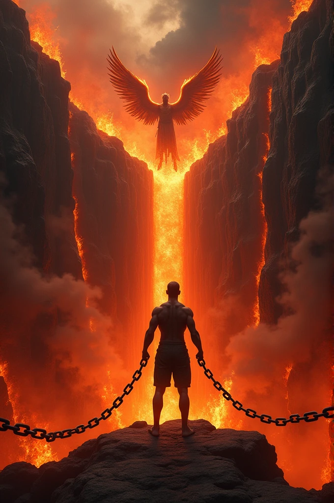 A deep chasm of fire with flames of red and orange blazing. On the edge of the abyss, the silhouette of a man bound by chains is visible, surrounded by terrifying guardian angels.