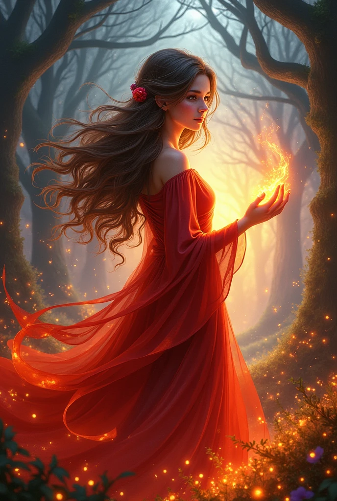 girl looking, hazel eyes, Brown hair, long, fire dress, Your hands with fire, she's a mage in the style of the Romance Club game