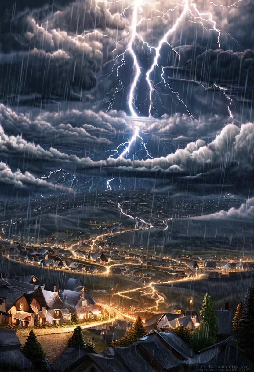 cute white fox, crying, heavy rain, thunder, lightning, sparks, halation, on a hill overlooking a rural town, (ultra detailed, absolutely resolution, best quality:1.3), 2.5D