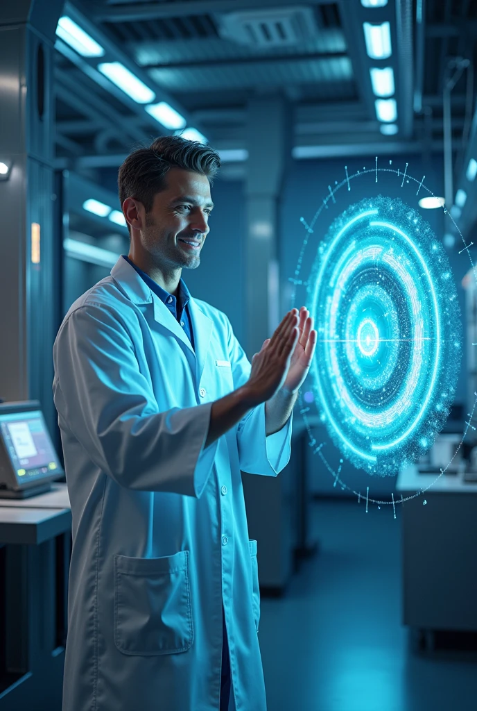 {
  "size": "1024x1024",
  "prompt": "Neutron, wearing a calm expression, stands beside Proton in the futuristic laboratory. He makes a balancing gesture with both hands, while a detailed holographic display shows protons and neutrons moving together within the nucleus of an atom. The laboratory setting remains consistent with previous panels, emphasizing the peaceful yet crucial role Neutron plays in maintaining the stability of the atom's nucleus. The holographic display should clearly depict the interaction and balance between the protons and neutrons."
}

