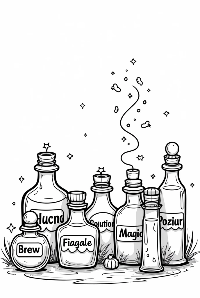 Cute and kawaii halloween witch's potions coloring Page, simple for toddlers, bold and easy, black bold lines White background, for a coloring book black and white, líne art, only outlines, but the design is simple and bold, no greyscale
