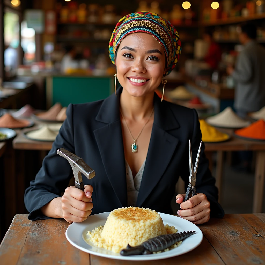 A beautiful Indonesian woman in a headscarf, pakai jacket dan celana panjang, sat behind the table and on the table was rice with a large crocodile side dish, hands holding hammer and pliers, location in a crowded shop