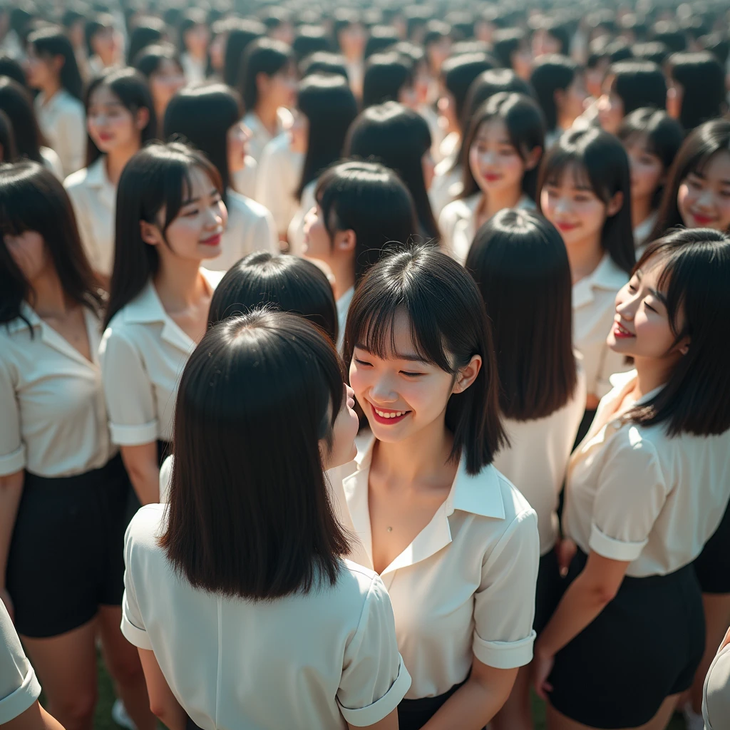 [Japanese Clone girls=Myself], (Perfect Clone girls Raw Photography Art), (16K, Highest quality, Ultra-high resolution, Unrealistic, Unprecedented sight, A world of cloned girls multiplying, Ultra-realistic), (Japanese, woman, 26-year-old), (((((Small face, (((((Thick black hair, Semi-long hair)))))))))), ((Very beautiful detailed girls, Accurate body structure, Very detailed body, (((((Big Tits, J-Cup))))), (((White shirt, I can see the cleavage, Black Mini Skirt))), ((Dark Eyes, Mature face, Cute Smile, A gentle gaze)), (((((Happy laughter))))), (((((Very detailed, 1girl-1,000,000cloning))))), (((((A very detailed and precise description of the doppelganger, Perfectly the same girl, The exact same smile, Perfect same hair, Perfect same clothes, Exactly the same height, Perfect same J-cup))))), (((((clone girls only))))), ((Filling the Earth 1,000,000,000,000,000,000,000,000,000,000,000,000,000人のclone girls, Super dense, Focus on the middle of the group, I&#39;m happy to be surrounded by countless versions of myself, I want to drown in love with countless versions of myself., I want to be drowned in love with countless versions of myself around me., Holding hands, hug, hug, kiss, Touching breasts)), ((The sight of the ultimate super-crowded, 異常なSuper dense, Countless clone girls packed together tightly)), ((Bright and soft light)), ((((((((Very detailed and clear hyper-perspective drawing)))))))), (((Subject depth zero))), Seeing from a bird's perspective