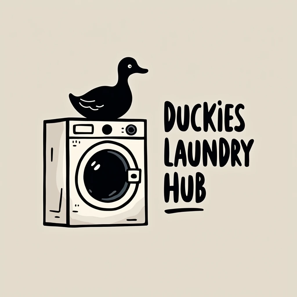 simple logo with black duck sitting above the washing machine, put caption at the right of the picture with "Duckies Laundry Hub"