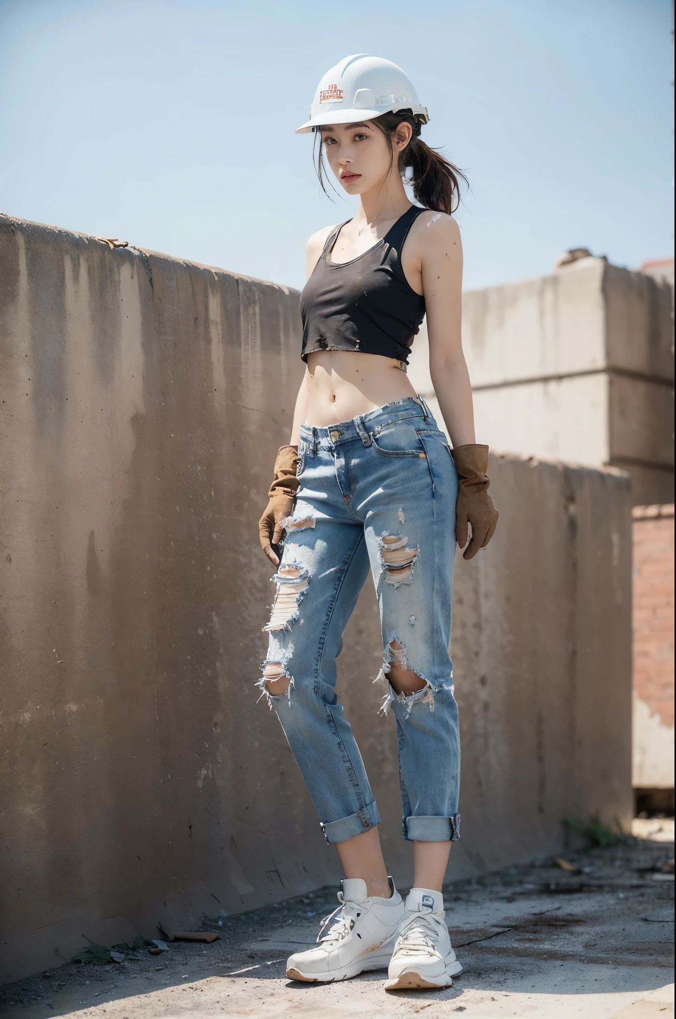 (((best quality))), (((ultra detailed))), (((masterpiece))), illustration,((a beautiful girl,solo)),(hard hat on head:1.3),(short ponytail:1.2),(flushed cheeks:1.3),(Brownish red skin:1.2),((sweat,wet)),((slim,thin)),((small breasts,flat chest)), (dirty torn white tank top:1.3),(navel:1.2),(tattered jeans:1.3),(slender legs:1.2),(sneakers:1.2),(standing:1.2),(High altitude construction site:1.3),(on the roof:1.2),(outdoor:1.2),(bricks:1.3),(sturdy gloves:1.3), scorching sun, vibrant city,((cement, dust)), determined hustle, quiet, determined girl, indomitable spirit, human resilience, perseverance, unwavering resolve, back-breaking work, awe, respect, narrative, sacrifice, hard work, unseen heroes, city buildings,((from front,full body))