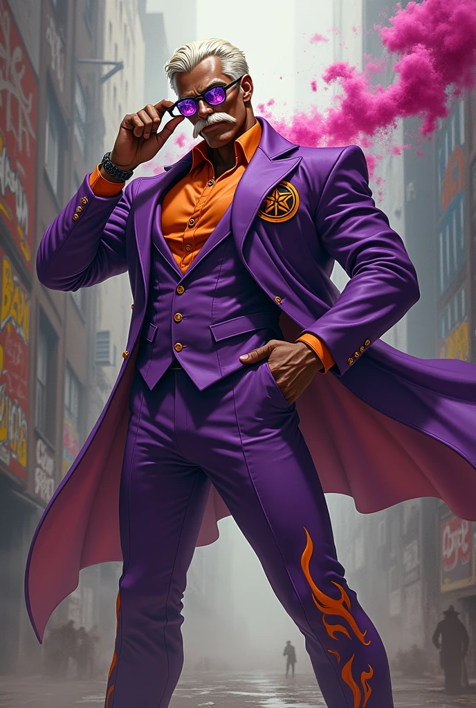 A character with a truth monocle made of purple steel in the shape of a four-sided star made of steel that he holds in his right hand. A brown face with black eyes and white skin. A purple suit with the symbol of truth which is orange with black in a color pattern. Light purple pants with flame symbols on his pants. White shoes with light orange. Hair dyed with white and dark beige. A mustache. A dangerous fighter on one side. 