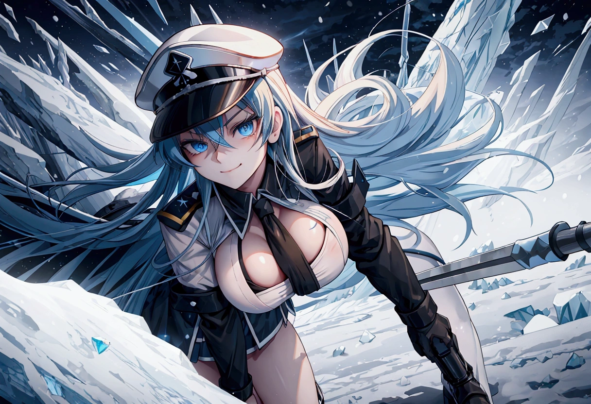 (best quality), (ultra-detailed), ((Esdeath from Akame ga kill)), ((Masterpiece)), ((Top Quality)), ((Cinematic Quality)), ((Sharp Details)), ((Vivid Colors)), ((Realistic Textures)), ((Dynamic Lighting)), ((Perfect face)), Full body kawaii shot, commanding pose with legs crossed, head slightly tilted, and a confident smirk, hands resting on hips or hidden behind her back, Frosty Mist, Icy Shards, Dramatic Shadows, Intense Contrast, Snowflakes in Motion, Wind-swept Hair, Crystal Reflections, Chilling Atmosphere, 1girl, long blue hair, piercing blue eyes, ((extremely revealing military uniform with extremely exposed cleavage)), peaked cap, high-heeled boots, ice elements, confident demeanor, snow-themed attire,Esdeath